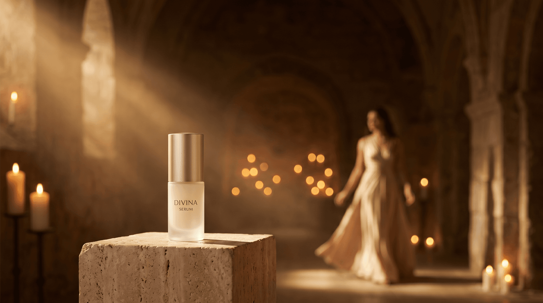 A Divina serum on a travertine pedestal in the candlelit sanctuary