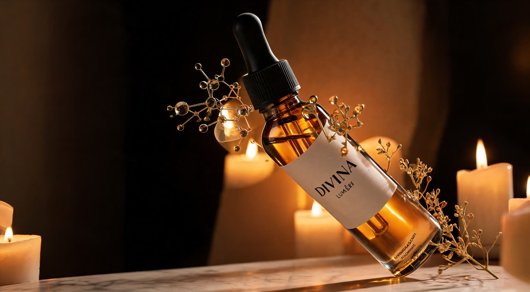 A Divina serum beside a gold molecular model
